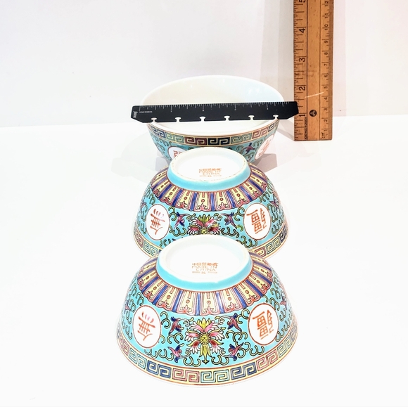 Vtg Turquoise Mun Shou Porcelain 4.5" Rice bowls. - Picture 7 of 7